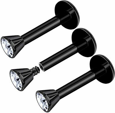 Labret Black Piercing Jewelry Vertical 3Pcs Internally Threaded Anodized 16G
