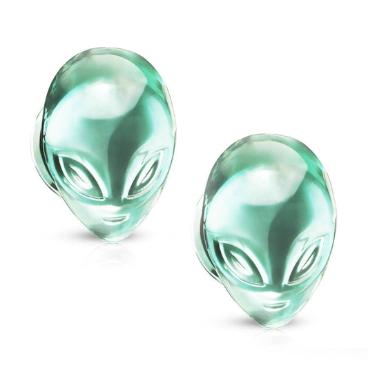Pair of Ear Plugs / Tunnels  Green Alien Face Design Pyrex Glass Double Flare