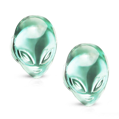 Pair of Ear Plugs / Tunnels  Green Alien Face Design Pyrex Glass Double Flare
