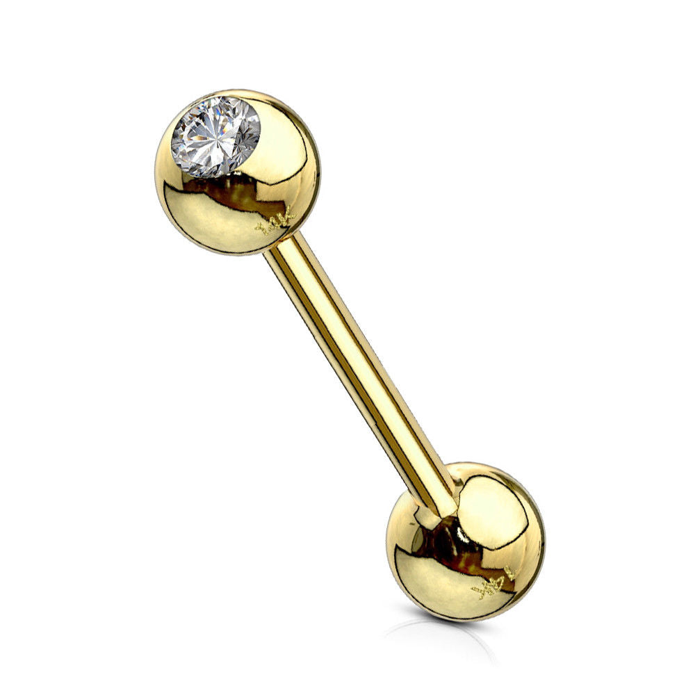 Straight Barbell Tongue Ring 14k Solid Yellow Gold with Clear CZ 14ga