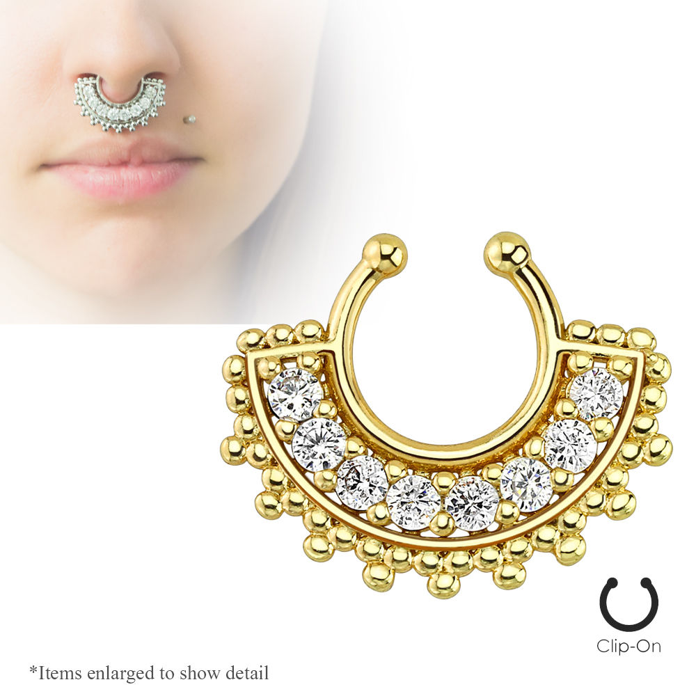 Large Paved Gem Fan I.P. Coated Non-Piercing Septum Hanger - 3 Colors Available