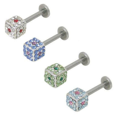 Labret Monroe Surgical Steel 14G Cube Shape with Jewels - 4 Colors Available