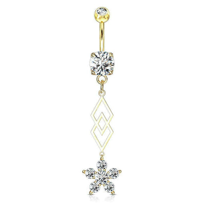 Belly Button Ring with Six CZ Flower  Dangle Surgical Steel 14g