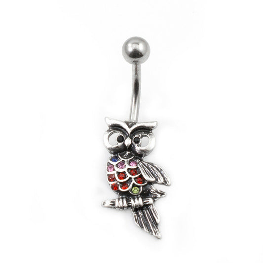 Belly Button Ring with Owl Design and multiple Cubic Zirconia Gems.