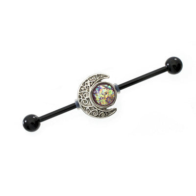 Industrial Barbell with Moon Design and Opalite Charm 2 extra bars included 14g