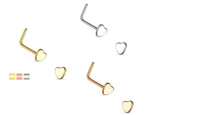 3 pack Nose Piercing Stud L Shape 20G with Heart Shape Design