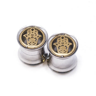 Ear Plugs Screw Fit Hamsa Symbol Two Tone - Sold in Pairs