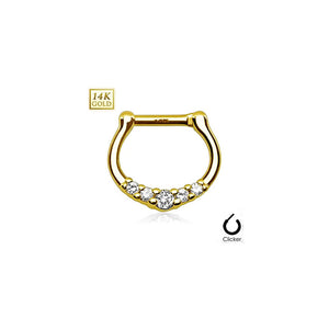 14Kt Gold Septum Clicker - Five Clear CZ Paved - Yellow or White Gold