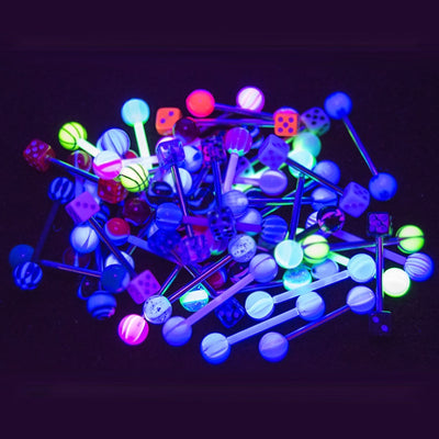 50pk Tongue Nipple Piercing Barbells - 14G UV Glow - 316L Steel and Bioflex
