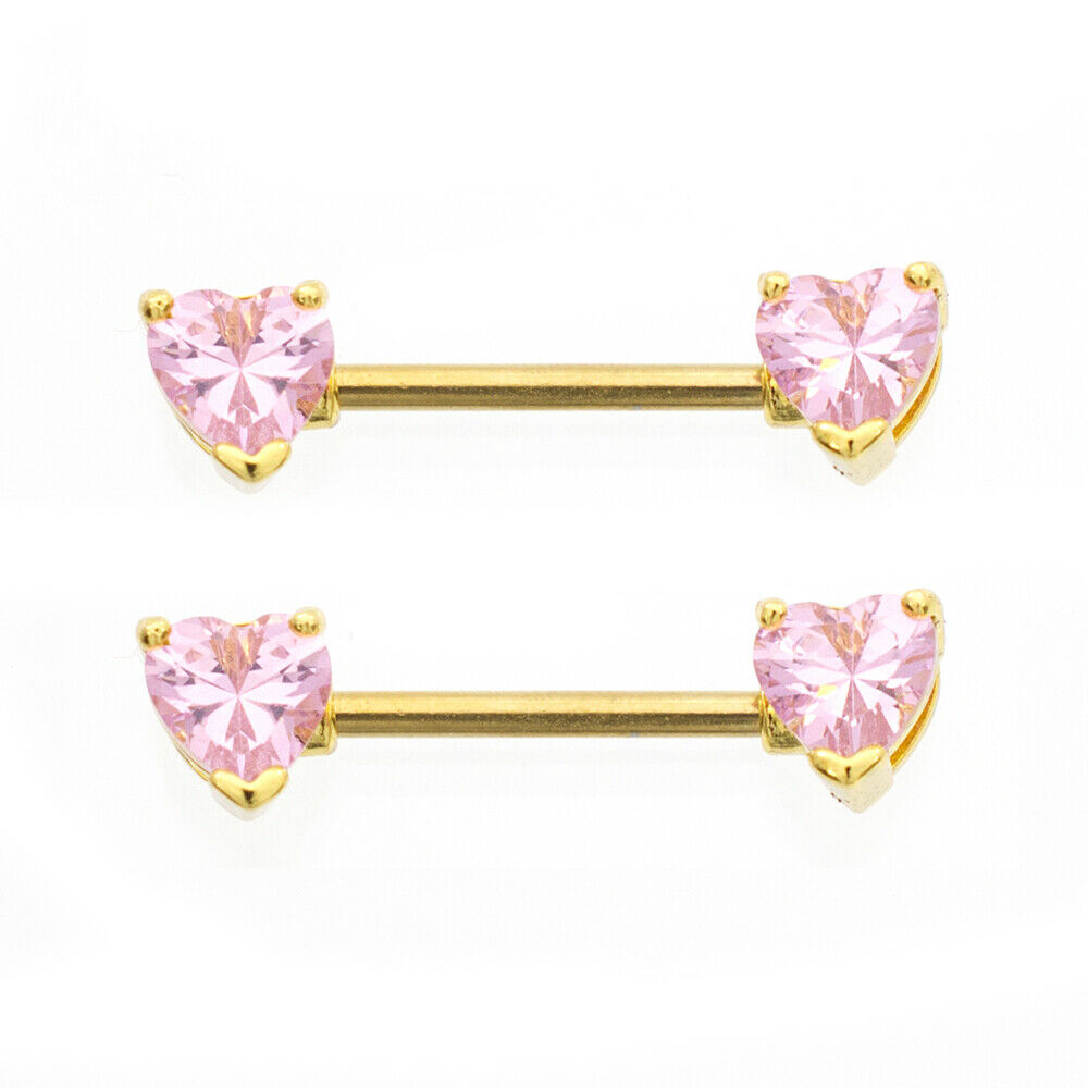 Nipple Barbell with Heart shape Cubic Zirconia Gold IP 14g