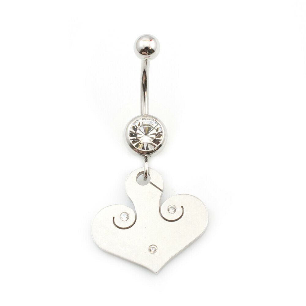 Belly Button Ring with Heart Dangle and Cubic Zirconia Stone 14g
