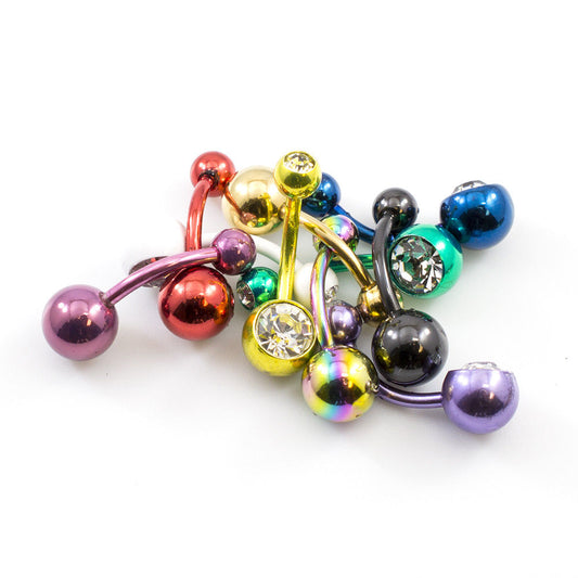 Navel Ring Package of 10 Anodized Titanium with two Cz Gems 14g