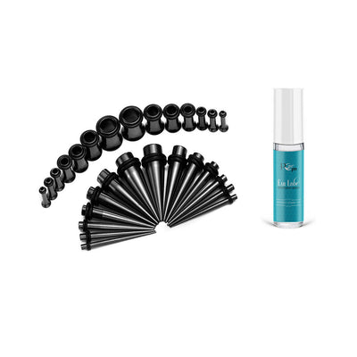 Stainless Ear Stretching Kit Black Plugs & Tapers 36pc &Pcare Soothing Lubricant