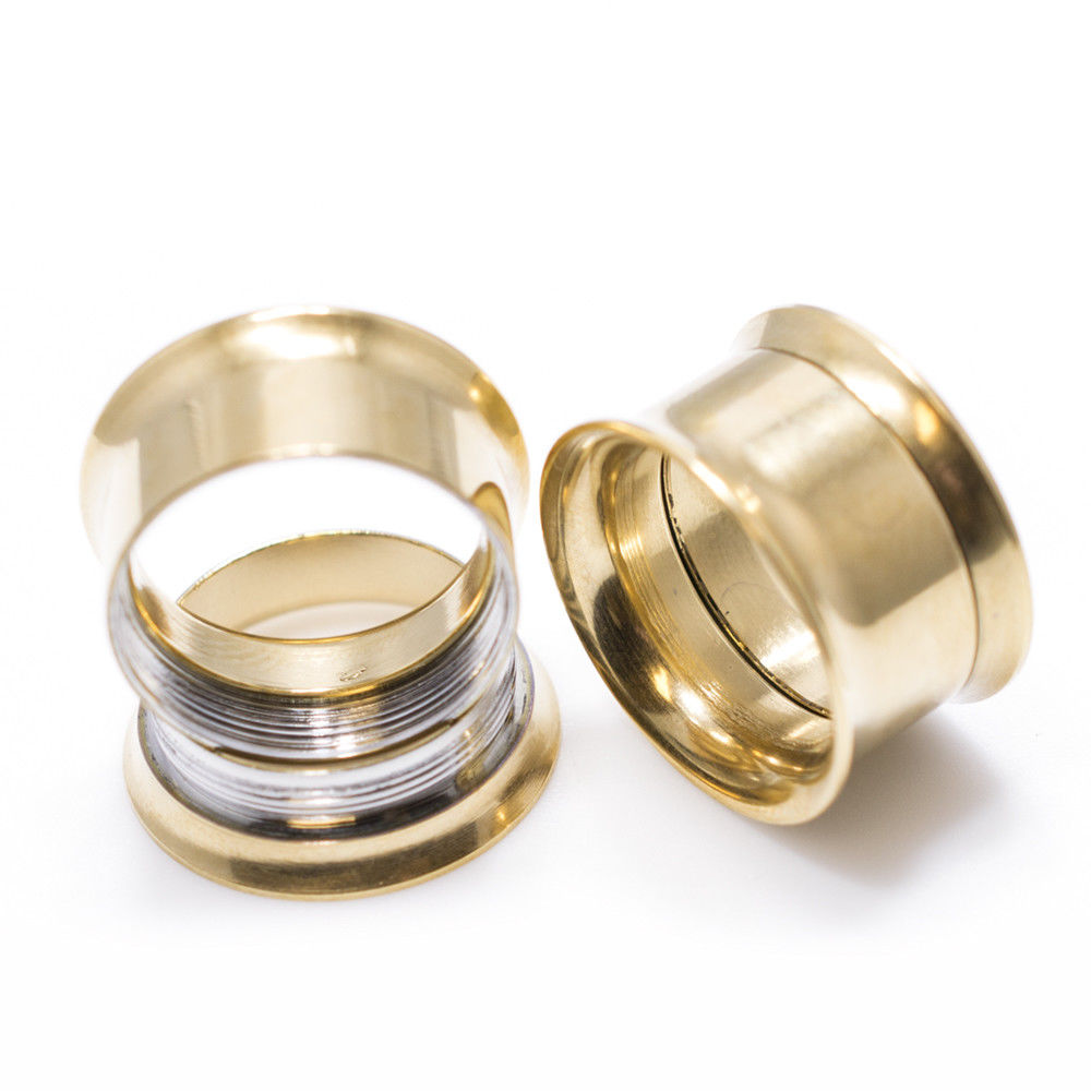 Pair of Gold IP Surgical Steel Double Flared Tunnel Plugs Ear Piercing Gauges