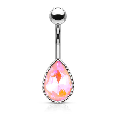 Belly Button Ring with AB Effect Tear Drop Glass Stone 14ga Surgical Steel