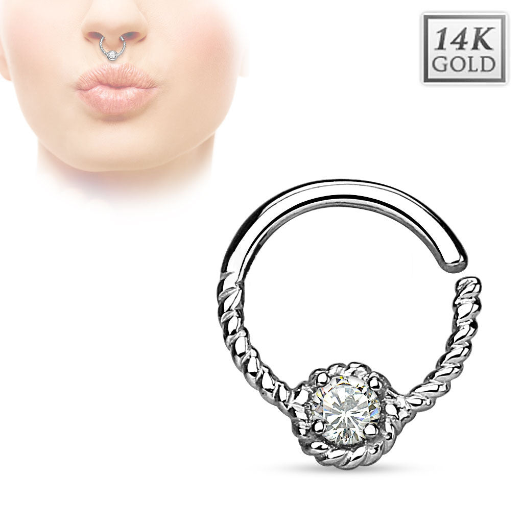 14K Septum Ring Solid Gold CZ Braided Piercing Daith Nose Helix Lip Jewelry 16G