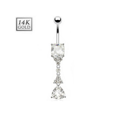 14K Solid White Gold Navel Ring - Triangle CZ Dangle w/ Princess Cut CZ Gem
