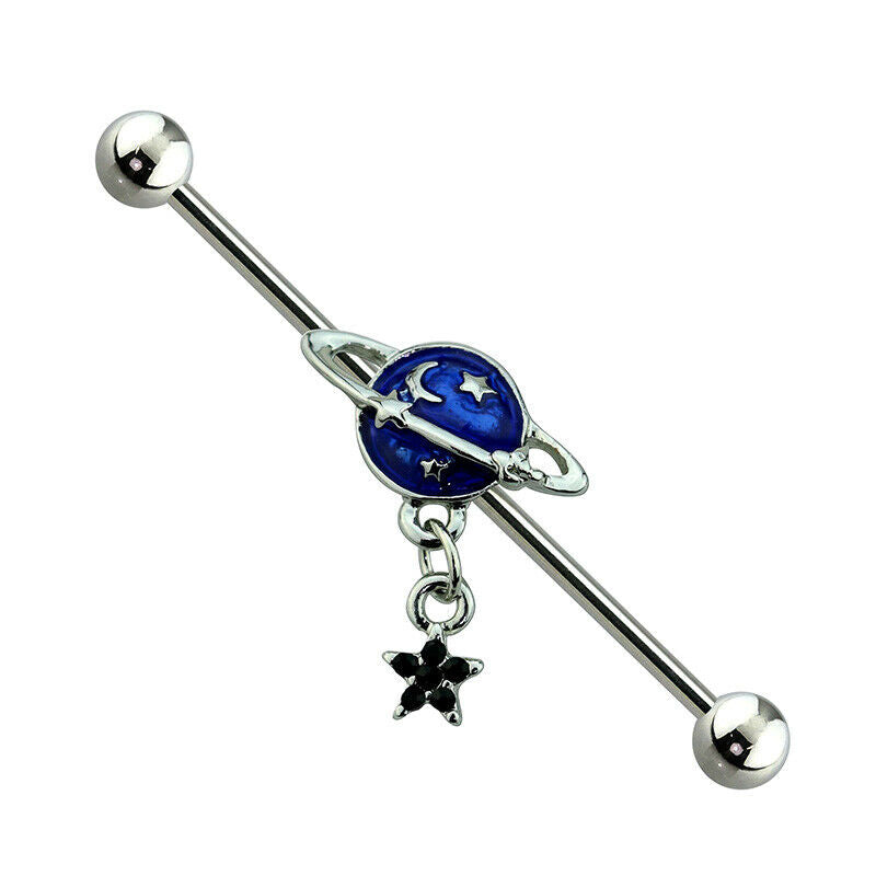 Industrial Barbell NASA-Inspired Night Sky with Star Dangle 316L Surgical Steel