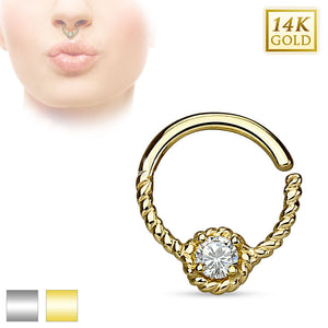 14K Septum Ring Solid Gold CZ Braided Piercing Daith Nose Helix Lip Jewelry 16G