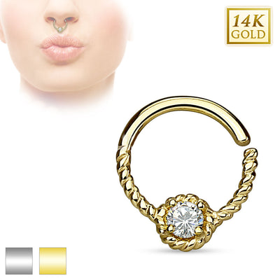 14K Septum Ring Solid Gold CZ Braided Piercing Daith Nose Helix Lip Jewelry 16G