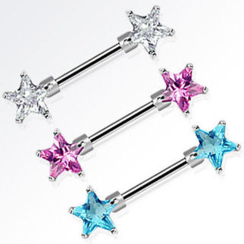 Nipple Ring Barbell 14 Gauge Double Star Gem  - Sold in Pairs