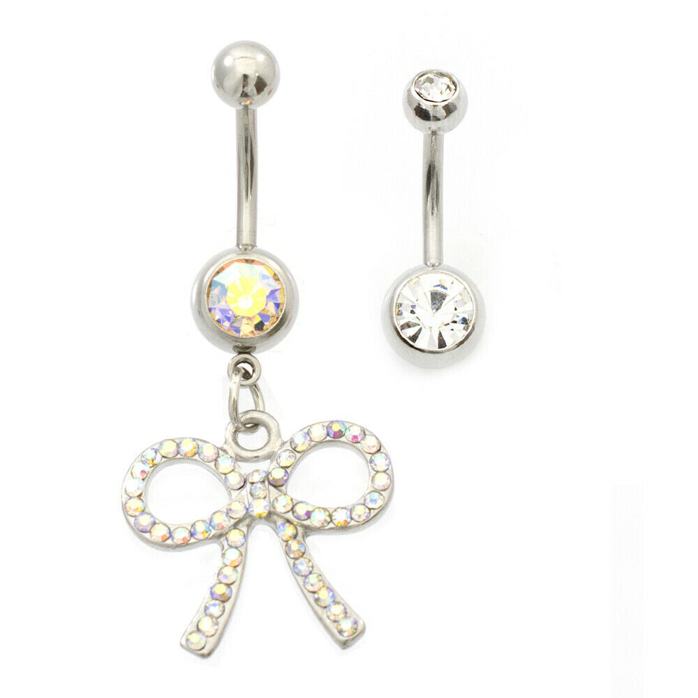 Belly Button Ring pack of 2 with multiple gem Bow Design and Basic with Cz 14g