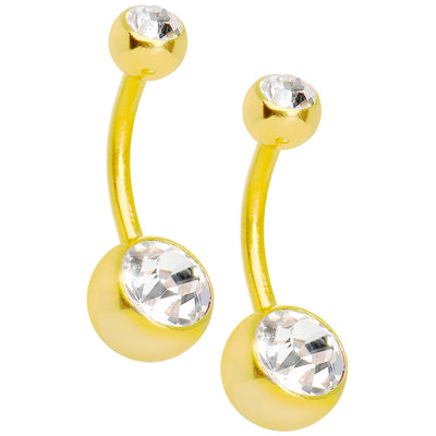 Gold Belly Button Rings - Pair of 14ga Gold I.P. Dual CZ Gem 316L Surgical Steel