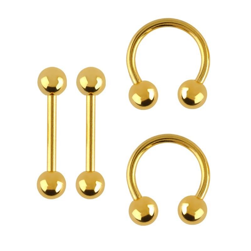 Set of 4 Barbells and Horse Shoe 14G Gold Ion Plated over Surgical Steel