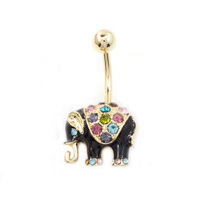 Belly Button Ring with Black Enamel Elephant Design and Multiple Color C