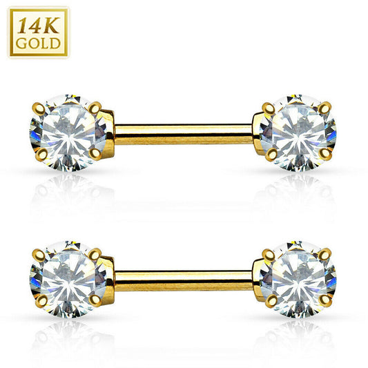Pair of 14kt Yellow Gold Nipple Bars Double Prong CZ Gems -14 Gauge 1/2" (12 mm)