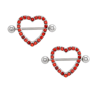 Nipple Shield 14G Red CZ Gem Paved Heart-Shaped with Barbell - Sold in Pairs