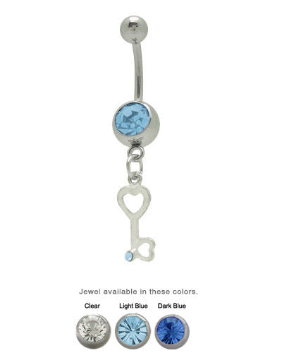 Belly Button Ring Dangling Jeweled Key Hearts