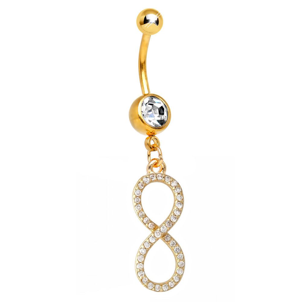 Gold Ion-Plated Dangle-Style Infinity Belly Ring with CZ Gems