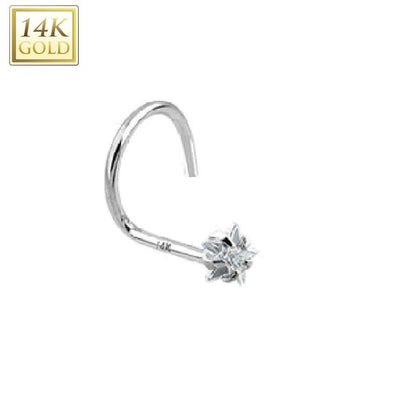 Nose Screw Ring with Prong Set CZ Centered Star 14Kt Solid White Gold 20g