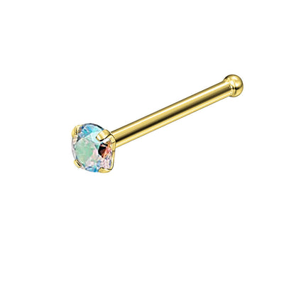 Nose Bone Stud 9Kt Solid Yellow Gold with Prong Set Aurora Borealis CZ  20ga
