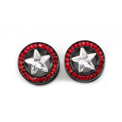 Pair of Ear Plugs screw fit with a Clear Cz Star Shape and multiple small red ge