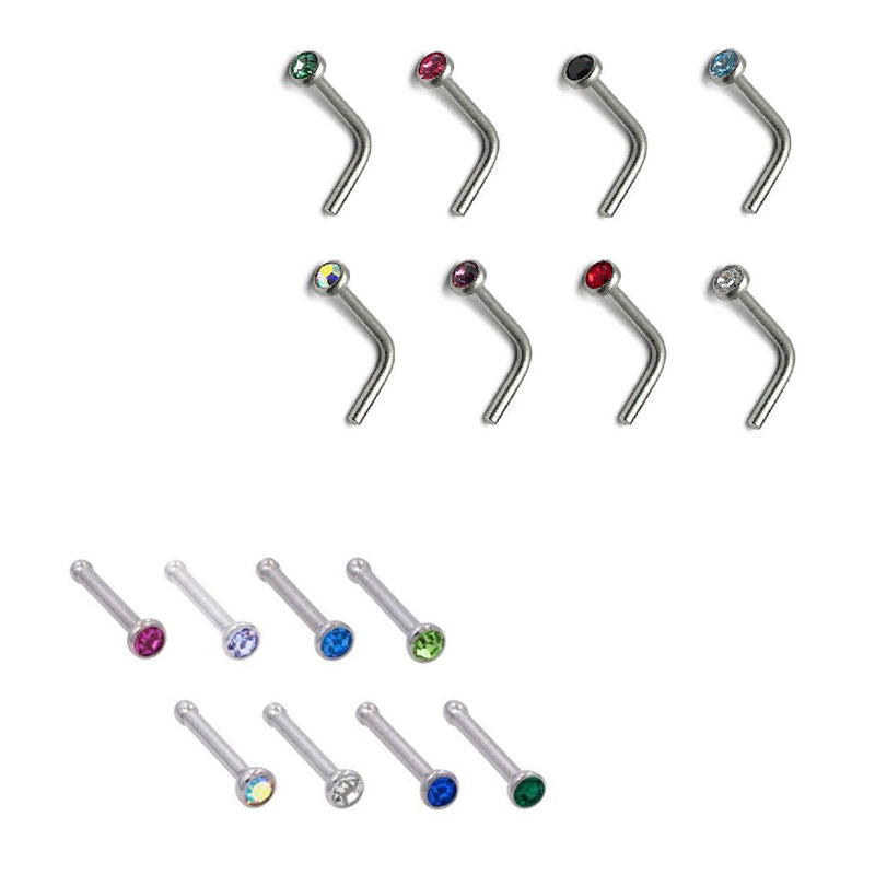 Lot of 16 Nose ring L shape & straight Bone with jewel 18G variety of colors