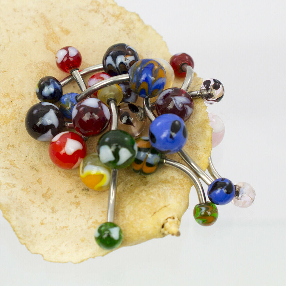 Belly Rings Glass with Assorted Marble Design Pack of 12 Randomly Picked 14ga