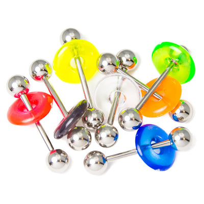7 Pack 14ga Tongue / Nipple Bars with Acrylic Doughnuts - Assorted Colors
