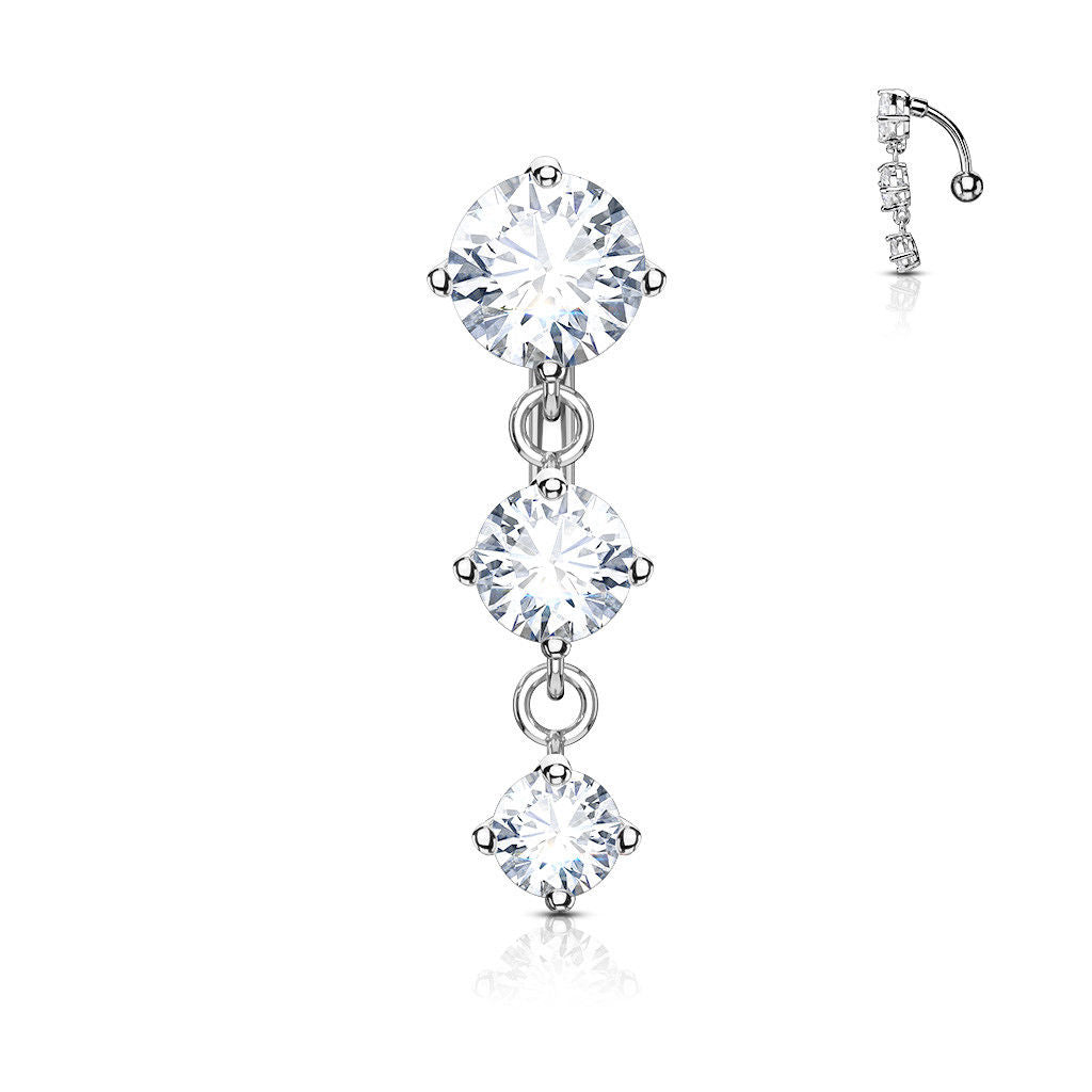 Belly Button Ring Reverse Design with Three Prong Set Round CZ Vertical Drop