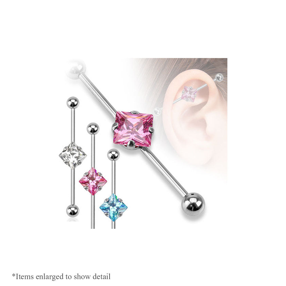 Industrial Barbell 14G with Square CZ Gems in 3 Different Colors