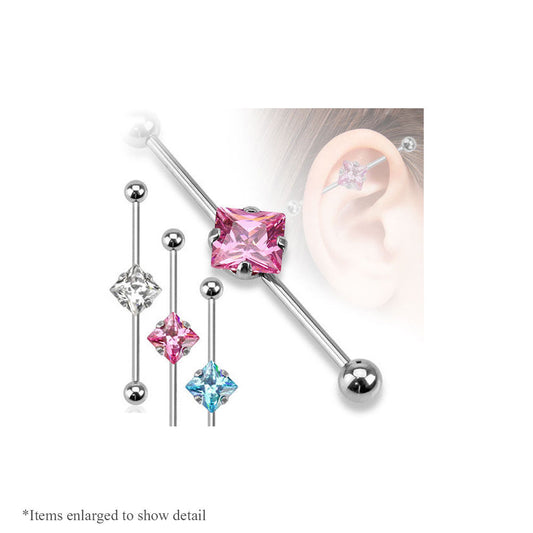 Industrial Barbell 14G with Square CZ Gems in 3 Different Colors