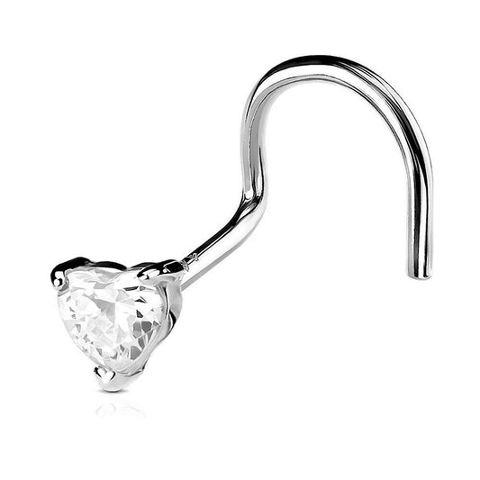 Nose Screw Ring with Prong Set CZ Centered Heart 14Kt Solid White Gold 20 Gauge