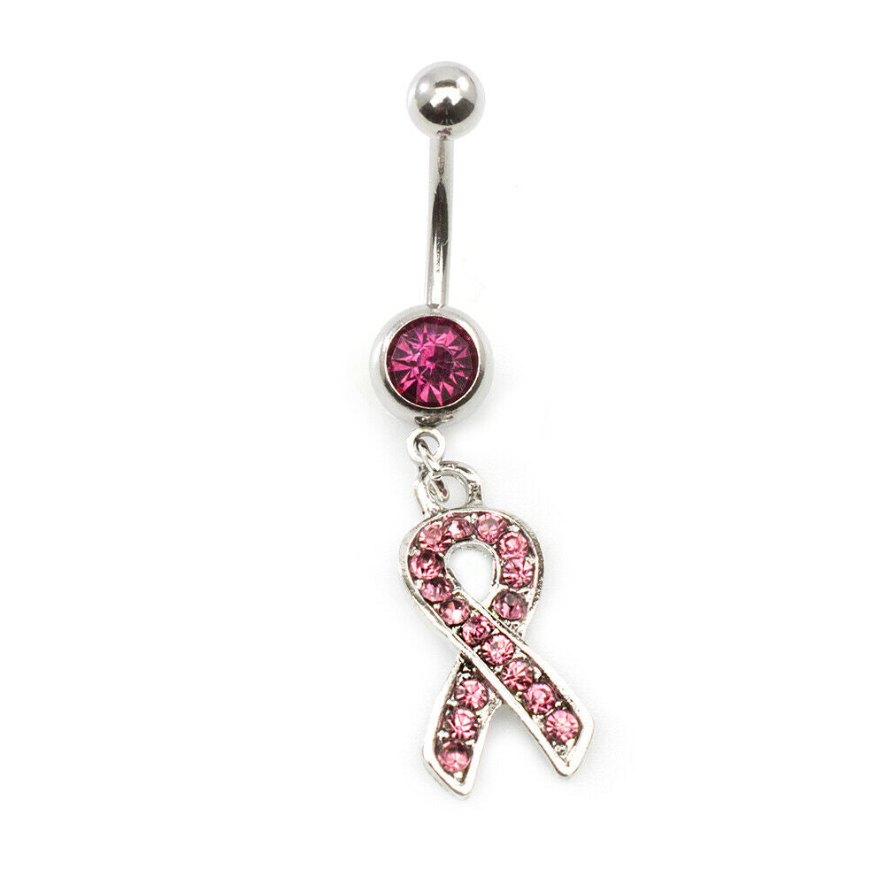 Pair of Belly Button Rings with Cancer Awareness dangle Pink and Clear CZ 14g