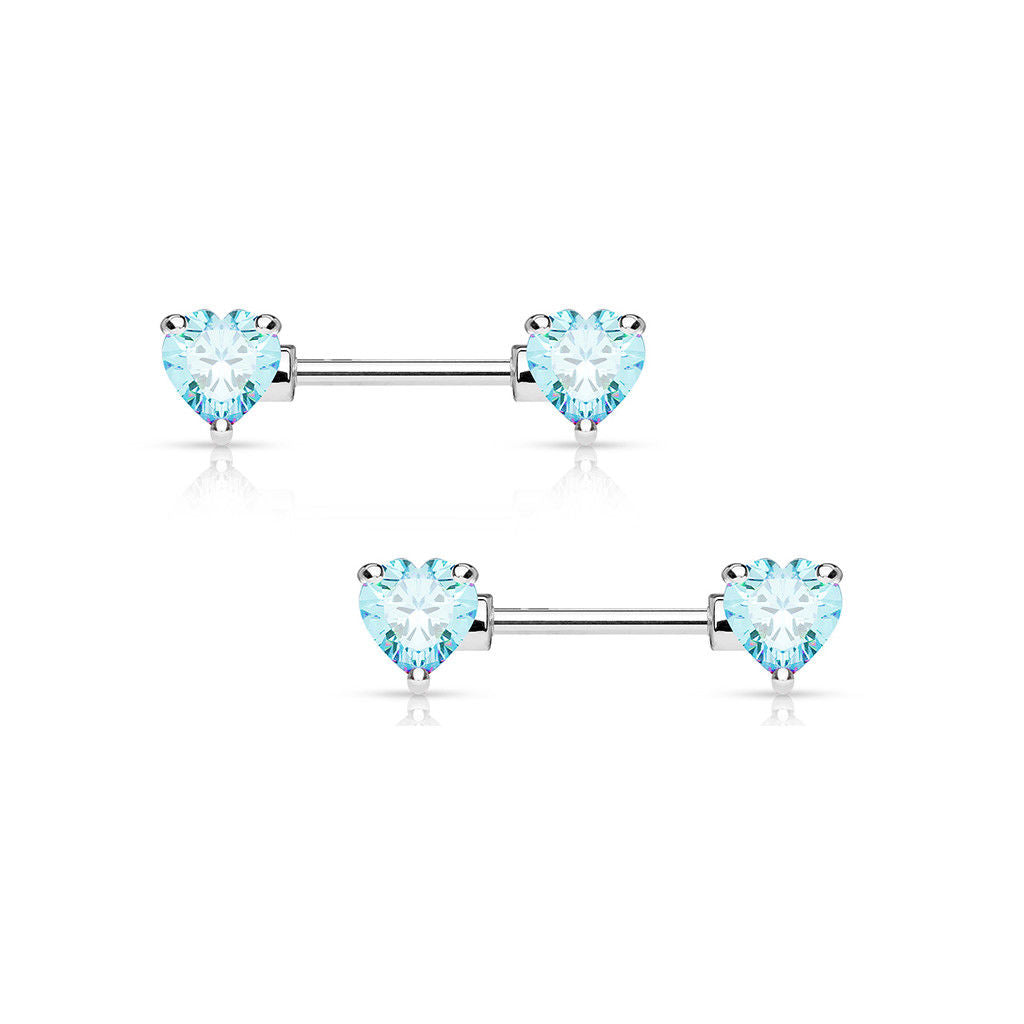 Pair of Double Heart Gem Nipple Rings Shields Barbells 14 Gauge 1/2" - 4 Colors
