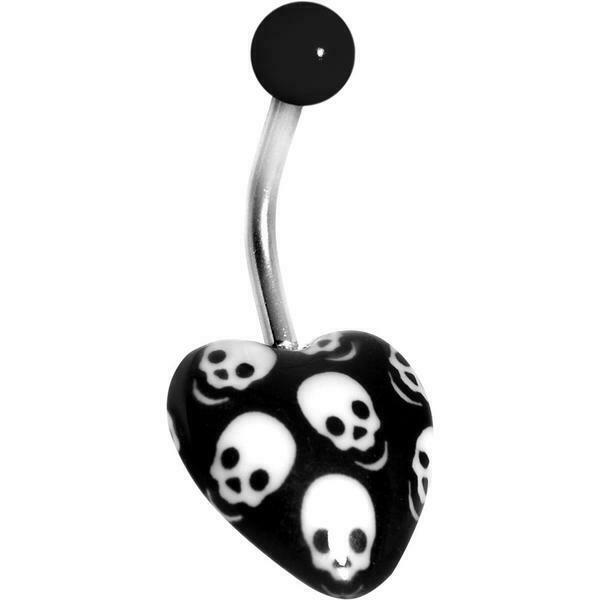 Belly Button Ring Heart with Skulls Surgical Steel