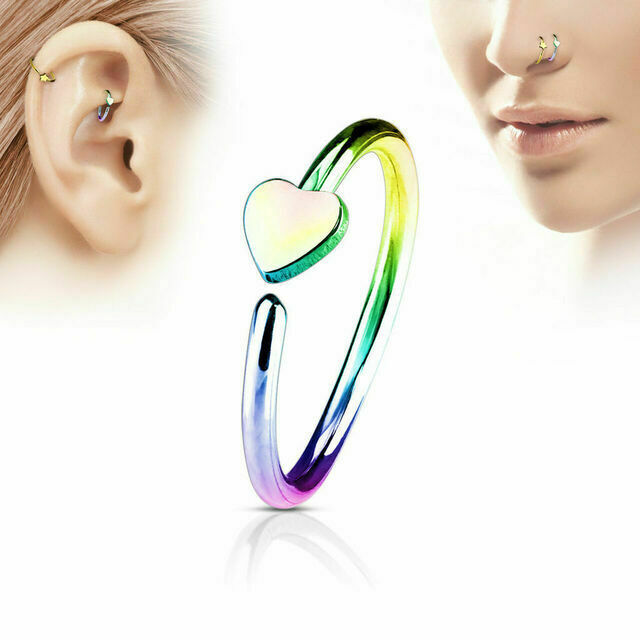 Pack of 4 Nose & Cartilage 20G Hoop Ring Heart Charm Anodized Surgical Steel