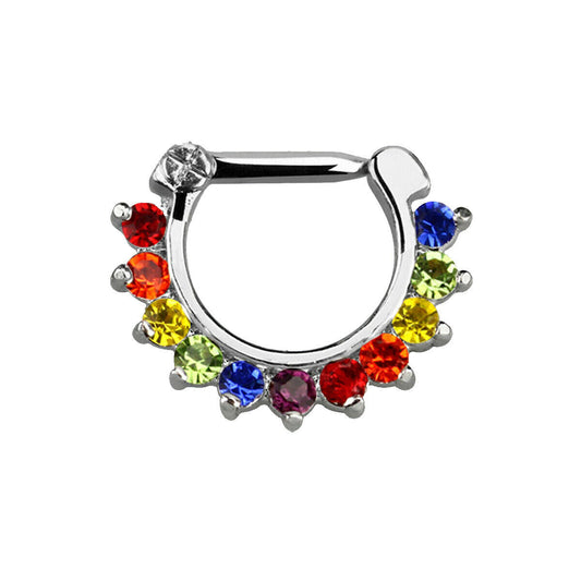 Septum clicker with a 14 gauge closure bar and 8mm drop with rainbow color gems