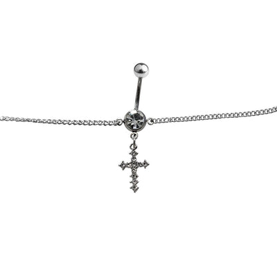 Belly Chain Navel Ring Surgical Steel Waist with CZ Paved Cross Dangle 14G