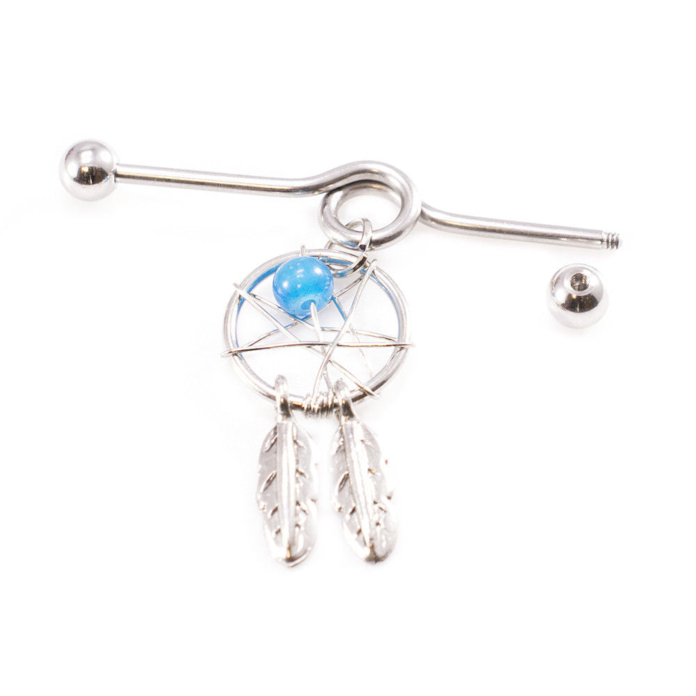 Industrial Barbell with Dream Catcher Dangle and Industrial Retainer 14G 38mm